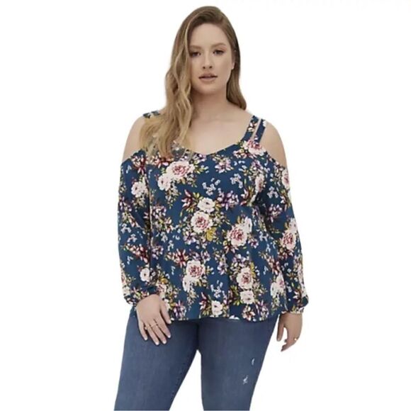 NWT Torrid floral strappy cold shoulder balloon sleeve‎ top 0X - Picture 2 of 16